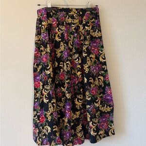 Vintage Worthington Black Floral Midi Skirt with Gold Scroll Details sz Large